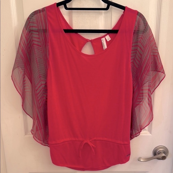 Hang Ten Tops - Pink Gray Sheer Flutter Sleeve Blouse by Hang Ten